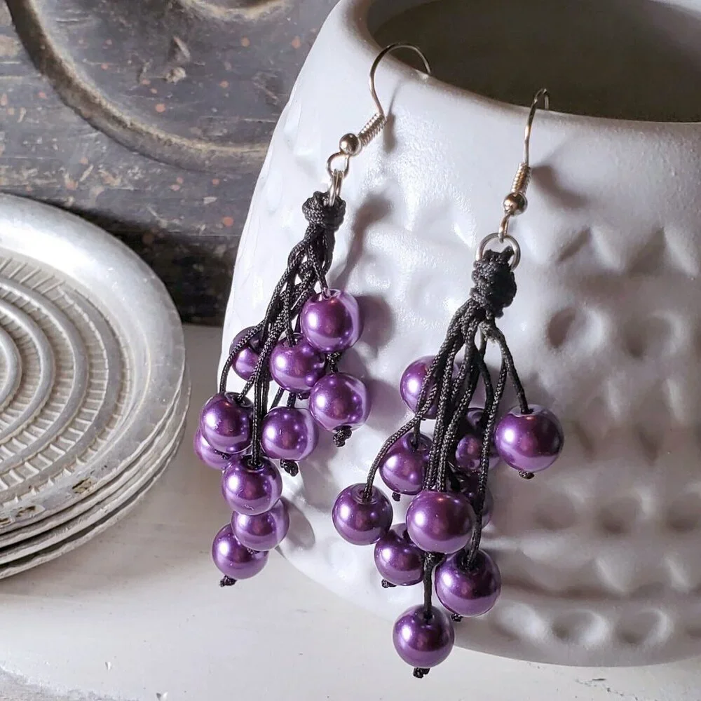 Glass Pearl Bauble Beads Purple Black Silk Cord Long Earrings